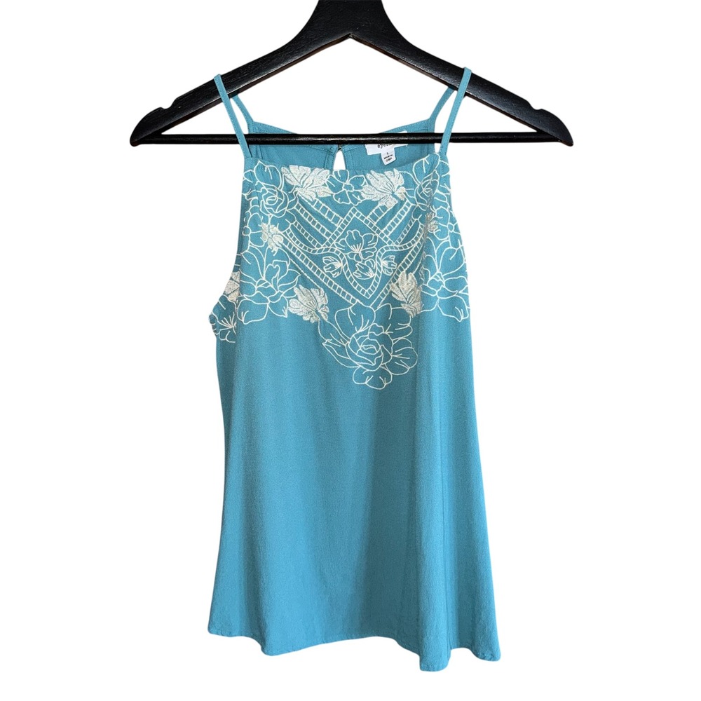 Eyeshadow Juniors L Teal Embroidered High Neck Boho Crop Tank Top